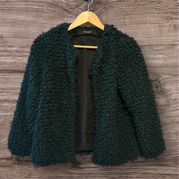 Zara Textured Forest Green Fuzzy Teddy Lined Jacket Coat, Womens size Small - Picture 3 of 12